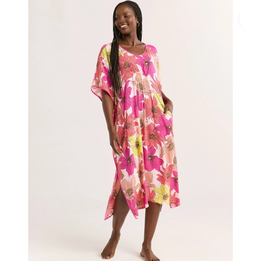 Joyspun Floral V-Neck Long Sleeve Nightgown Caftan- Pink Multi - Picture 7 of 8